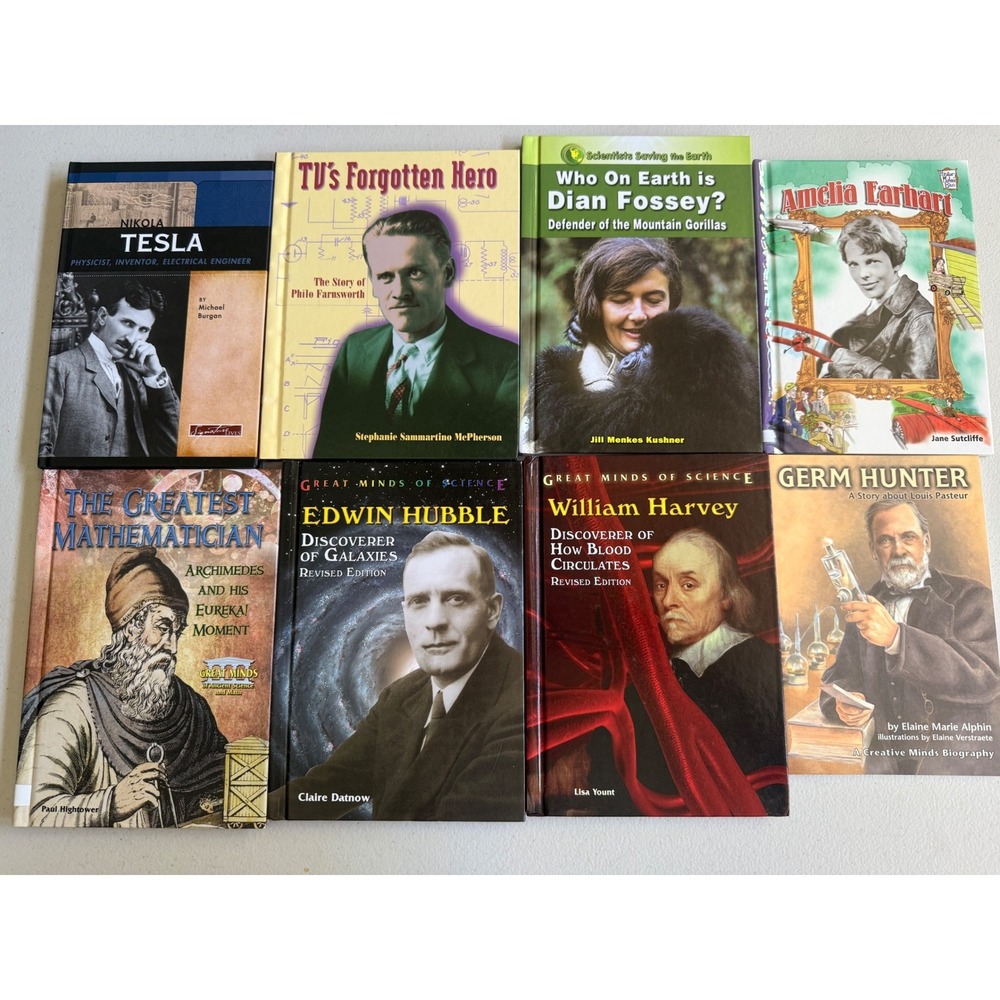 Lot of‎ 8 Science History Biographies Tesla Earhart Hubble Archimedes Hardcover